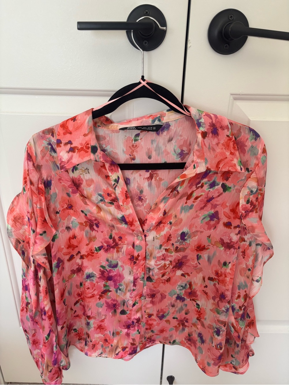 Zara Coral Pink Floral Sheer Button-Up Blouse